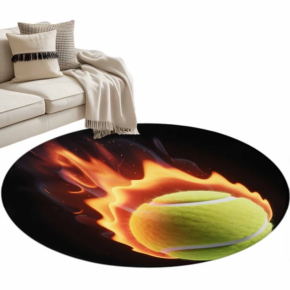 Round Rugs 3 Ft, Tennis Non Slip Area Rugs for Kitchen Bedroom Entryway, Modern Sport Glowing Ball Black Background Washable Carpet Runner Rug Floor Mats for Bedroom Home Decor