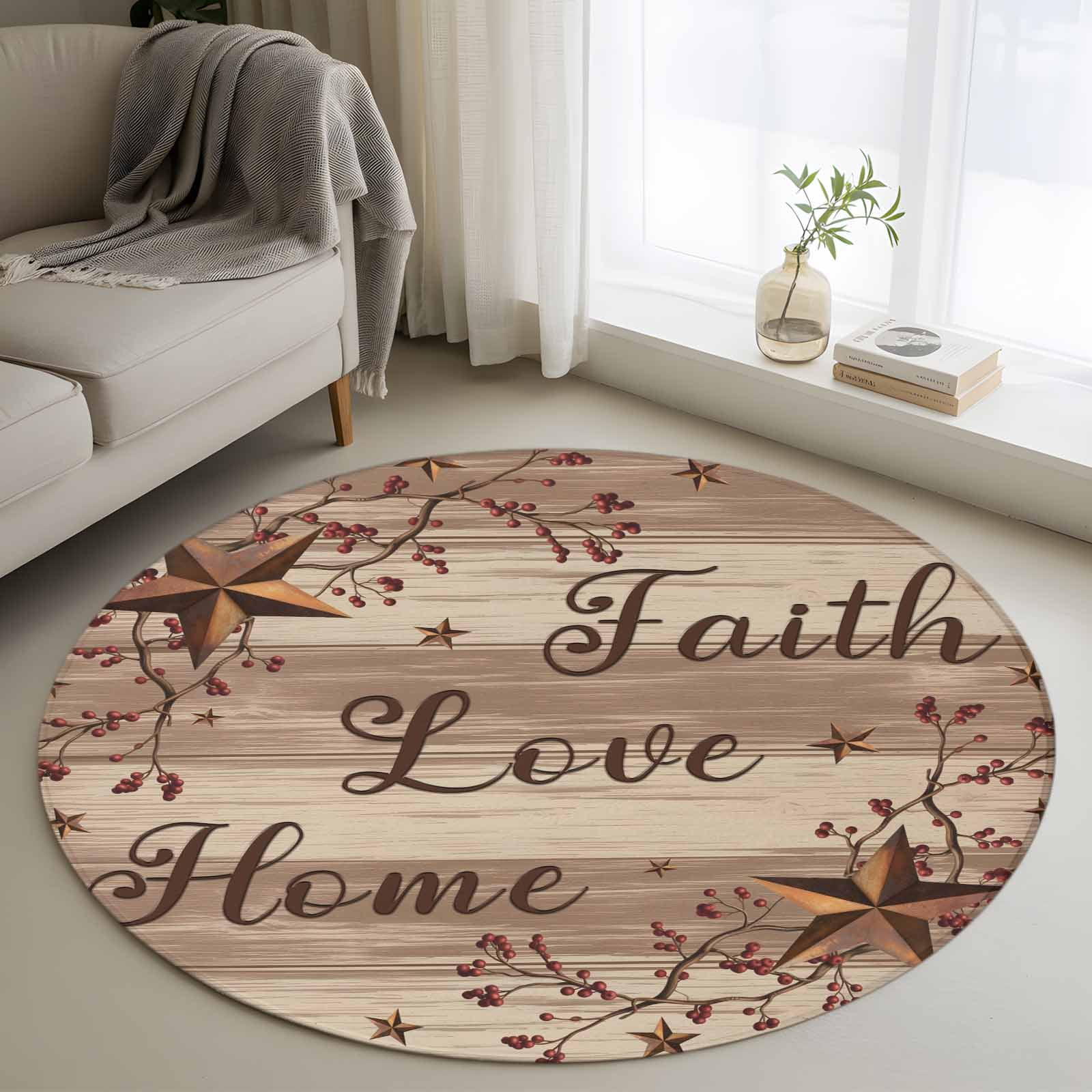 Round Rugs 3 Ft, Texas Stars Vintage Non Slip Area Rugs for Kitchen Bedroom Entryway, Brown Beige Washable Carpet Runner Rug Floor Mats for Bedroom Home Decor Retro Branches Berry