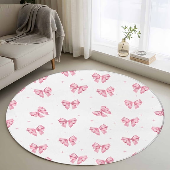 Round Rugs 3 Ft, Valentine's Day Non Slip Area Rugs for Kitchen Bedroom Entryway, Pink Bows Shining Stars Simple Art Washable Carpet Runner Rug Floor Mats for Bedroom Home Decor