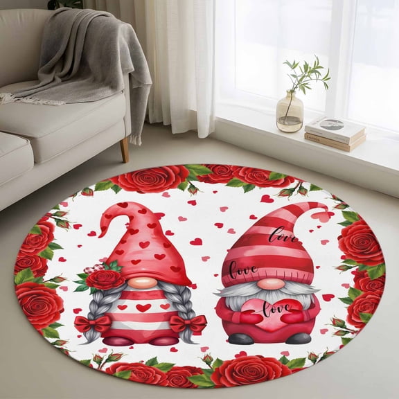 Round Rugs 3 Ft, Valentine's Day Non Slip Area Rugs for Kitchen Bedroom Entryway, Red Gnomes Roses Flowers Love Romance Washable Carpet Runner Rug Floor Mats for Bedroom Home Decor