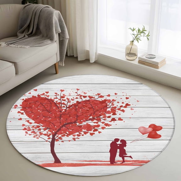 Round Rugs 3 Ft, Valentine's Day Non Slip Area Rugs for Kitchen Bedroom Entryway, Red Love Trees Couples Balloons Wooden Washable Carpet Runner Rug Floor Mats for Bedroom Home Decor