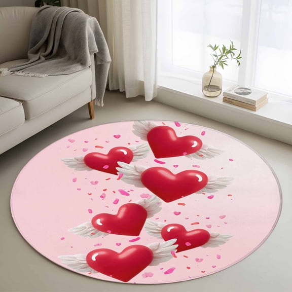 Round Rugs 3 Ft, Valentine's Day Non Slip Area Rugs for Kitchen Bedroom Entryway, Romantic Red Love Hearts Cute Washable Carpet Runner Rug Floor Mats for Bedroom Home Decor