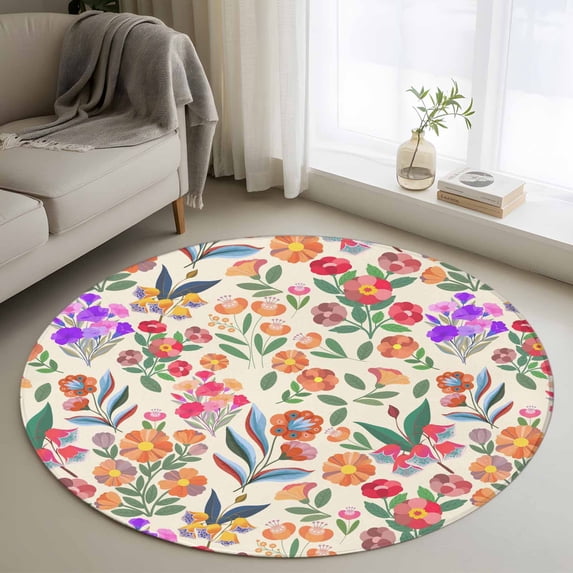 Round Rugs 3 Ft, Watercolor Floral Non Slip Area Rugs for Kitchen Bedroom Entryway, Retro Botanical Flowers Leaves Spring Beige Washable Carpet Runner Rug Floor Mats for Bedroom Home Decor