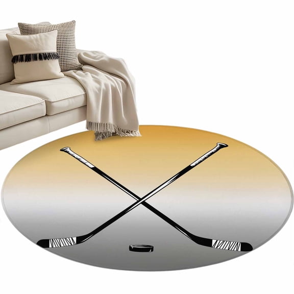 Round Rugs 3 Ft, Yellow Gray Ombre Non Slip Area Rugs for Kitchen Bedroom Entryway, Black Hockey Sticks Minimalist Style Washable Carpet Runner Rug Floor Mats for Bedroom Home Decor