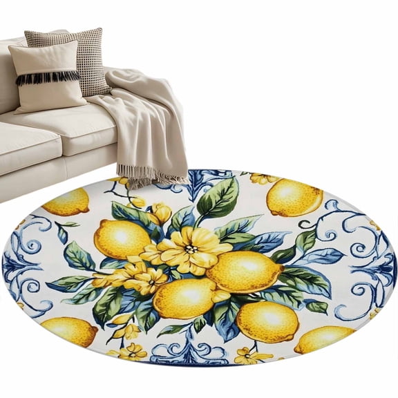 Round Rugs 3 Ft, Yellow Lemon Non Slip Area Rugs for Kitchen Bedroom Entryway, Middle Century Blue Italian Textured Washable Carpet Runner Rug Floor Mats for Bedroom Home Decor