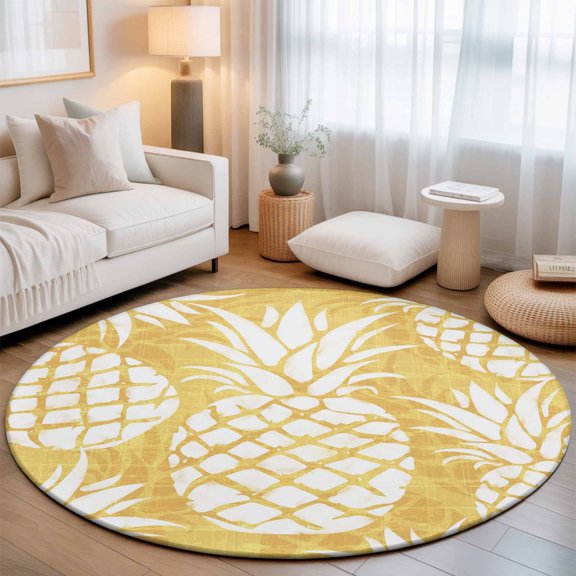 Round Rugs 3 Ft, Yellow Pineapple Non Slip Area Rugs for Kitchen Bedroom Entryway, Tropical Summer Botanical Fruits Washable Carpet Runner Rug Floor Mats for Bedroom Home Decor