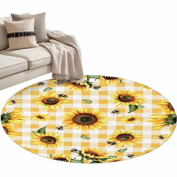 Round Rugs 3 Ft, Yellow Sunflower Non Slip Area Rugs for Kitchen Bedroom Entryway, Vintage Country Bee Plaid Ginger Check Washable Carpet Runner Rug Floor Mats for Bedroom Home Decor