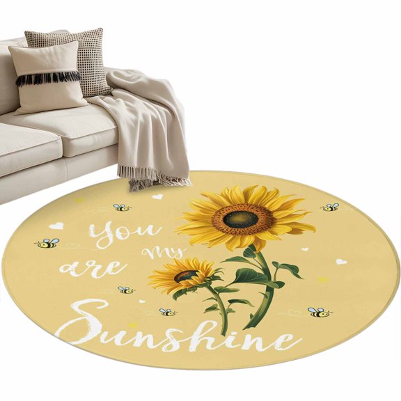 Round Rugs 3 Ft, Yellow Sunshine Sunflower Non Slip Area Rugs for Kitchen Bedroom Entryway, Pastoral Bees Farmhouse Floral Washable Carpet Runner Rug Floor Mats for Bedroom Home Decor