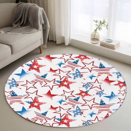 Round Rugs 3Ft, 4th of July Round Area Rug Washable Indoor Throw Carpet, Navy Blue Red Star Independence Day Small Non Slip Circle Rug for Bedroom Living Room Home Decor Aesthetic