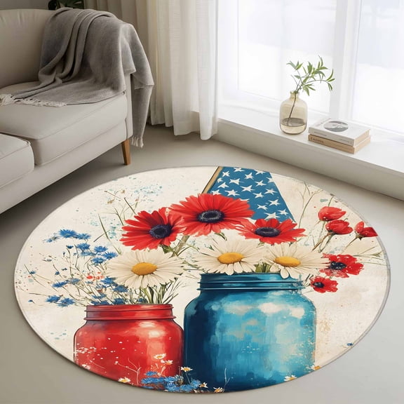 Round Rugs 3Ft, 4th of July Round Area Rug Washable Indoor Throw Carpet, Red Blue Star Stripe UAS Flag Poppy Flower Small Non Slip Circle Rug for Bedroom Living Room Home Decor Aesthetic