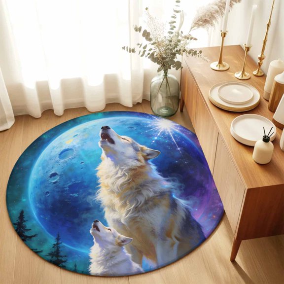 Round Rugs 3Ft, Abstract Art Wolfs Round Area Rug Washable Indoor Throw Carpet, Blue Moon Forest Black Small Non Slip Circle Rug for Bedroom Living Room Home Decor Aesthetic