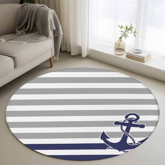 Round Rugs 3Ft, Anchor Gray Round Area Rug Washable Indoor Throw Carpet, Modern Navy Blue White Striped Nautical Small Non Slip Circle Rug for Bedroom Living Room Home Decor Aesthetic