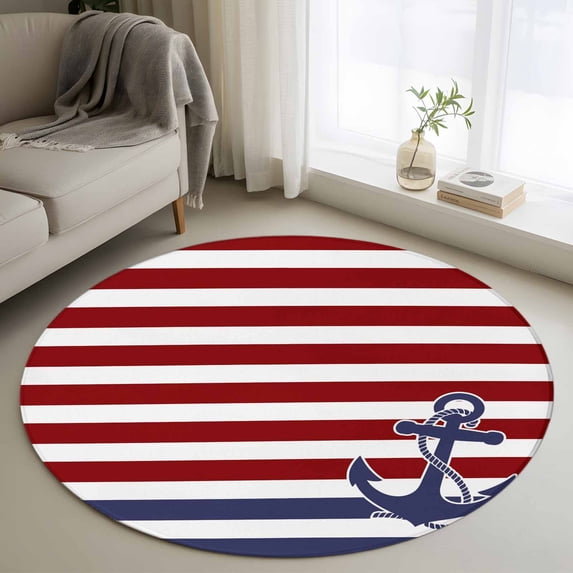 Round Rugs 3Ft, Anchor Red Round Area Rug Washable Indoor Throw Carpet, Modern Navy Blue White Striped Nautical Small Non Slip Circle Rug for Bedroom Living Room Home Decor Aesthetic