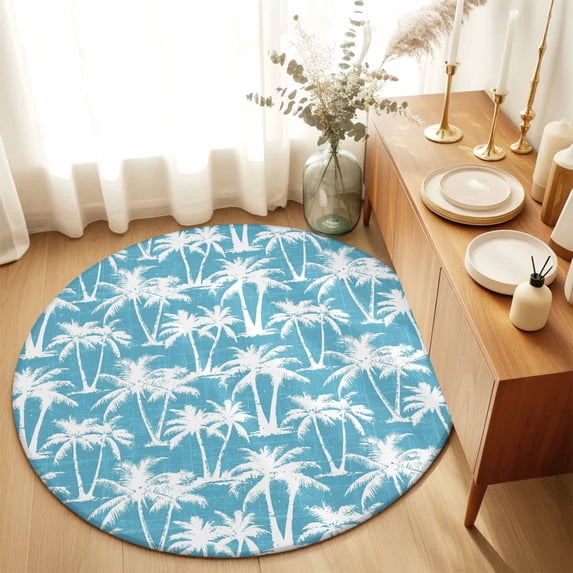 Round Rugs 3Ft, Aqua Blue Palm Tree Summer Round Area Rug Washable Indoor Throw Carpet, Beach Tropical Coastal Small Non Slip Circle Rug for Bedroom Living Room Home Decor Aesthetic