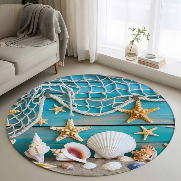 Round Rugs 3Ft, Beach Starfish Round Area Rug Washable Indoor Throw Carpet, Ocean Conch Fishing Net Blue Wood Grain Small Non Slip Circle Rug for Bedroom Living Room Home Decor Aesthetic
