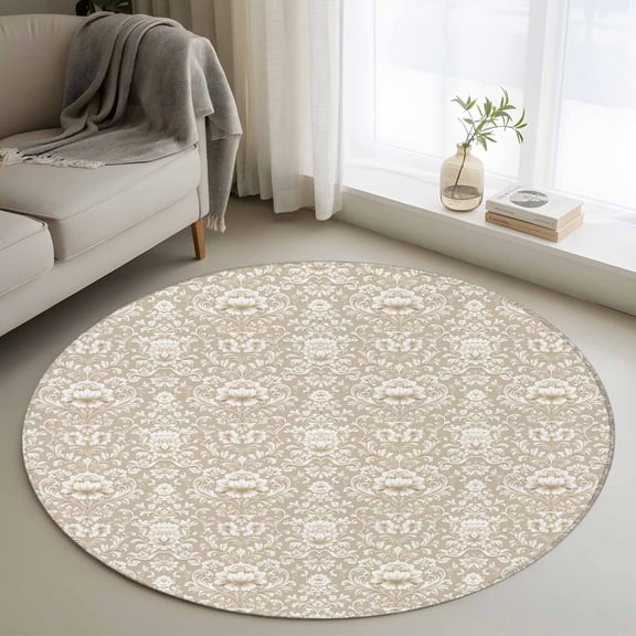 Round Rugs 3Ft, Beige Damask Round Area Rug Washable Indoor Throw Carpet, Vintage Country Scroll Floral Patterned Small Non Slip Circle Rug for Bedroom Living Room Home Decor Aesthetic