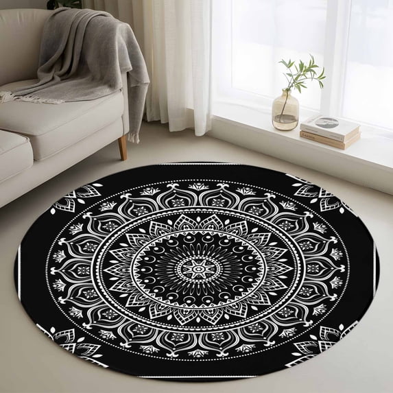Round Rugs 3Ft, Black Boho Round Area Rug Washable Indoor Throw Carpet, Retro Farmhouse Neutral Abstract Geometric Small Non Slip Circle Rug for Bedroom Living Room Home Decor Aesthetic