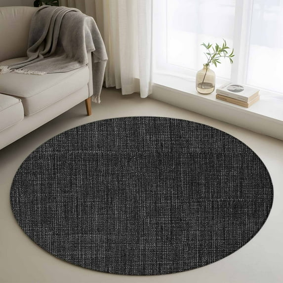 Round Rugs 3Ft, Black Burlap Texture Round Area Rug Washable Indoor Throw Carpet, Farmhouse Vintage Black Small Non Slip Circle Rug for Bedroom Living Room Home Decor Aesthetic