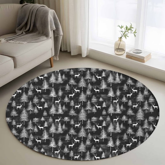 Round Rugs 3Ft, Black Grey Christmas Round Area Rug Washable Indoor Throw Carpet, Xmas Tree Elk Christmas Small Non Slip Circle Rug for Bedroom Living Room Home Decor Aesthetic