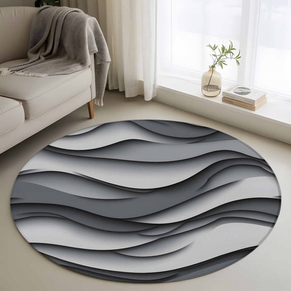 Round Rugs 3Ft, Black Grey Ombre Round Area Rug Washable Indoor Throw Carpet, Modern Moire Aesthetics Geometric Abstract Small Non Slip Circle Rug for Bedroom Living Room Home Decor Aesthetic