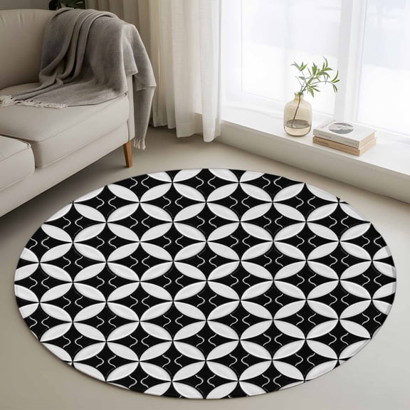 Round Rugs 3Ft, Black Rhombus Round Area Rug Washable Indoor Throw Carpet, Retro Abstract Geometric Pattern Small Non Slip Circle Rug for Bedroom Living Room Home Decor Aesthetic