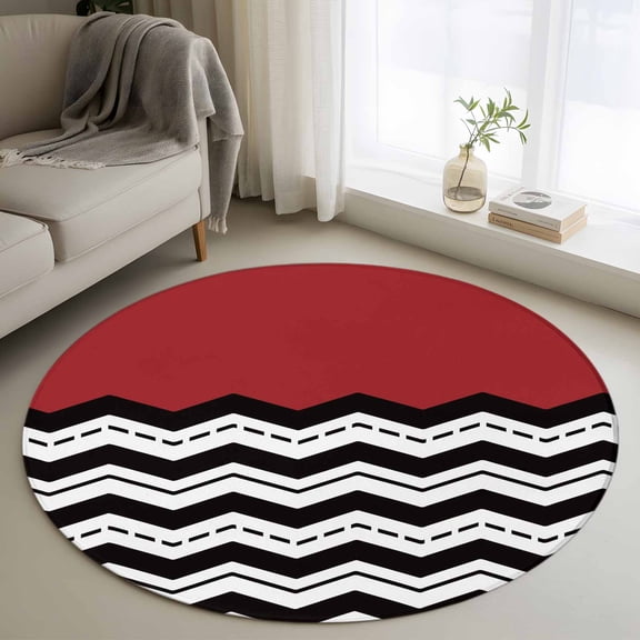 Round Rugs 3Ft, Black White Chevron Round Area Rug Washable Indoor Throw Carpet, Geometric Red Sea Wavy Striped Small Non Slip Circle Rug for Bedroom Living Room Home Decor Aesthetic