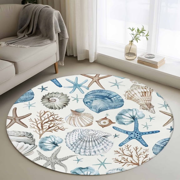 Round Rugs 3Ft, Blue Beige Coastal Round Area Rug Washable Indoor Throw Carpet, Summer Beach Starfish Shell Nautical Small Non Slip Circle Rug for Bedroom Living Room Home Decor Aesthetic