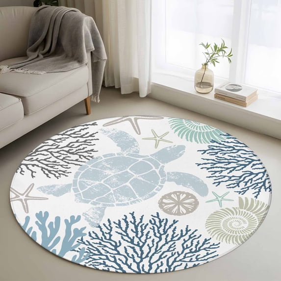 Round Rugs 3Ft, Blue Beige Coastal Turtle Round Area Rug Washable Indoor Throw Carpet, Ocean Coral Nautical Small Non Slip Circle Rug for Bedroom Living Room Home Decor Aesthetic