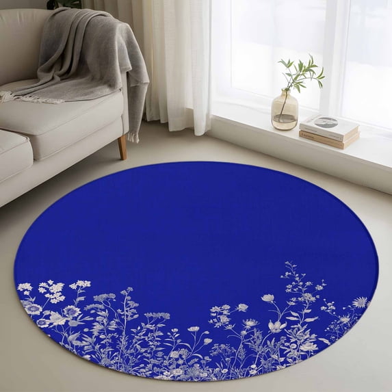 Round Rugs 3Ft, Blue Botanical Round Area Rug Washable Indoor Throw Carpet, Farmhouse Spring Summer Flower Small Non Slip Circle Rug for Bedroom Living Room Home Decor Aesthetic
