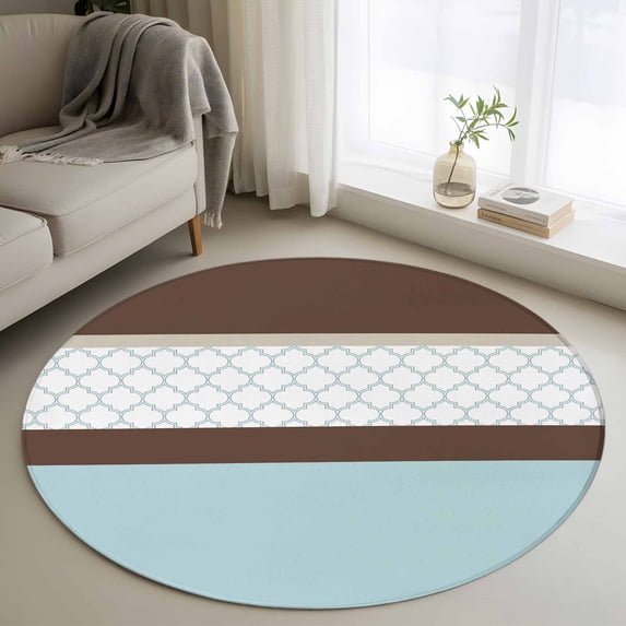 Round Rugs 3Ft, Blue Brown Morocco Round Area Rug Washable Indoor Throw Carpet, Geometric Stripes Aqua Stitching Small Non Slip Circle Rug for Bedroom Living Room Home Decor Aesthetic