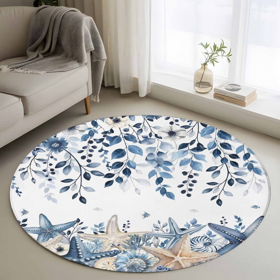 Round Rugs 3Ft, Blue Coastal Starfish Round Area Rug Washable Indoor Throw Carpet, Beach Nautical Shell Eucalyptus Summer Small Non Slip Circle Rug for Bedroom Living Room Home Decor Aesthetic