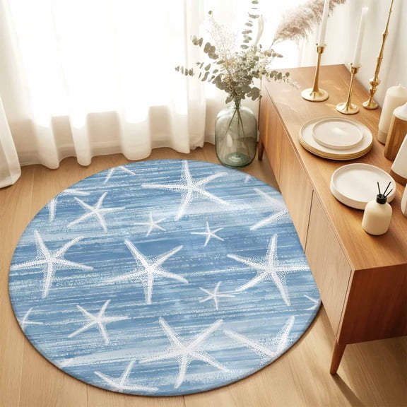 Round Rugs 3Ft, Blue Coastal Starfish Round Area Rug Washable Indoor Throw Carpet, Nautical Summer Beach Ocean Small Non Slip Circle Rug for Bedroom Living Room Home Decor Aesthetic