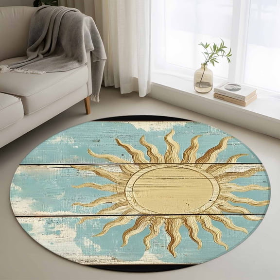 Round Rugs 3Ft, Blue Golden Sun Round Area Rug Washable Indoor Throw Carpet, Vintage Abstract Art Wooden Small Non Slip Circle Rug for Bedroom Living Room Home Decor Aesthetic