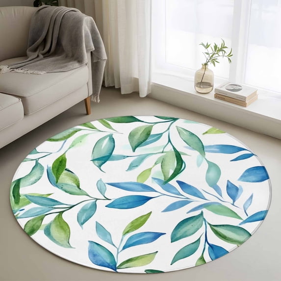 Round Rugs 3Ft, Blue Green Botanical Round Area Rug Washable Indoor Throw Carpet, Watercolor Summer Leaf Small Non Slip Circle Rug for Bedroom Living Room Home Decor Aesthetic