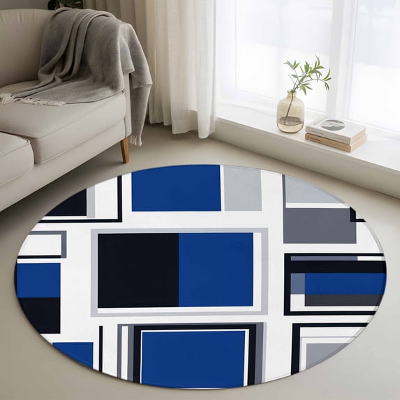 Round Rugs 3Ft, Blue Grey Geometric Round Area Rug Washable Indoor Throw Carpet, Abstract Art Irregular Contemporary Small Non Slip Circle Rug for Bedroom Living Room Home Decor Aesthetic