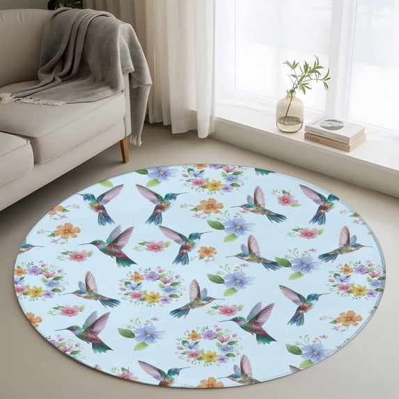 Round Rugs 3Ft, Blue Hummingbird Round Area Rug Washable Indoor Throw Carpet, Spring Watercolor Flowers Leaf Plant Small Non Slip Circle Rug for Bedroom Living Room Home Decor Aesthetic