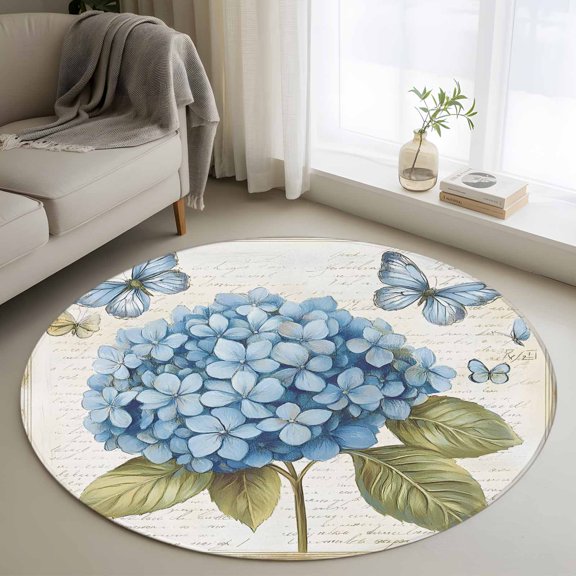 Round Rugs 3Ft, Blue Hydrangea Round Area Rug Washable Indoor Throw Carpet, Spring Vintage Botanical Butterfly Small Non Slip Circle Rug for Bedroom Living Room Home Decor Aesthetic