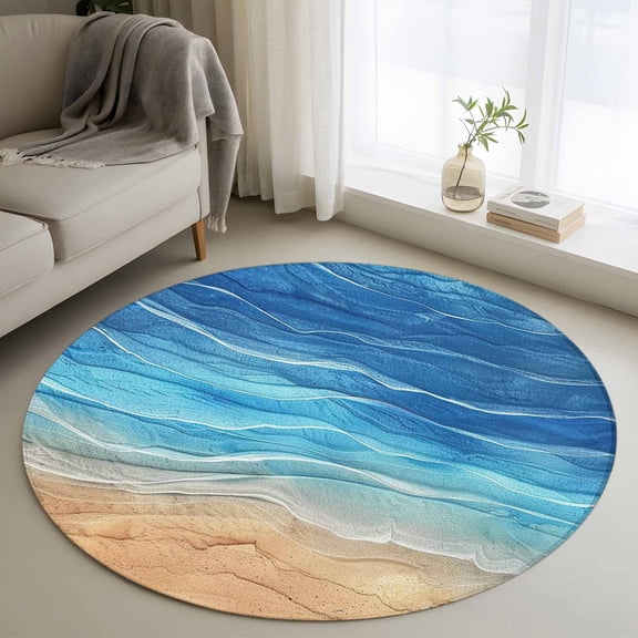 Round Rugs 3Ft, Blue Ombre Coastal Round Area Rug Washable Indoor Throw Carpet, Summer Nautical Beach Ocean Seaside Small Non Slip Circle Rug for Bedroom Living Room Home Decor Aesthetic