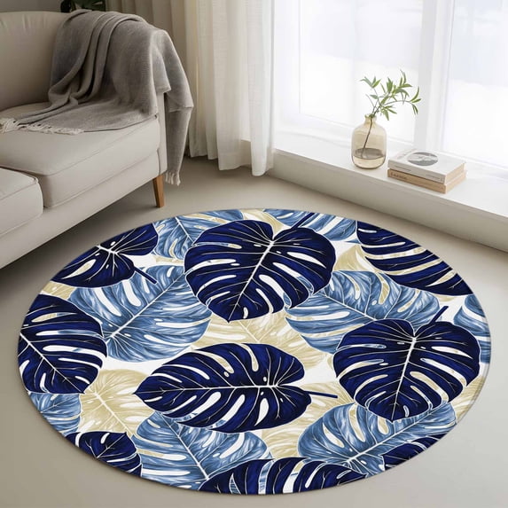 Round Rugs 3Ft, Blue Palm Leaves Round Area Rug Washable Indoor Throw Carpet, Farmhouse Summer Beige Tropical Plants Small Non Slip Circle Rug for Bedroom Living Room Home Decor Aesthetic