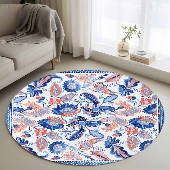 Round Rugs 3Ft, Blue Red Ethnic Round Area Rug Washable Indoor Throw Carpet, Boho Modern Geometric Abstract Art Small Non Slip Circle Rug for Bedroom Living Room Home Decor Aesthetic