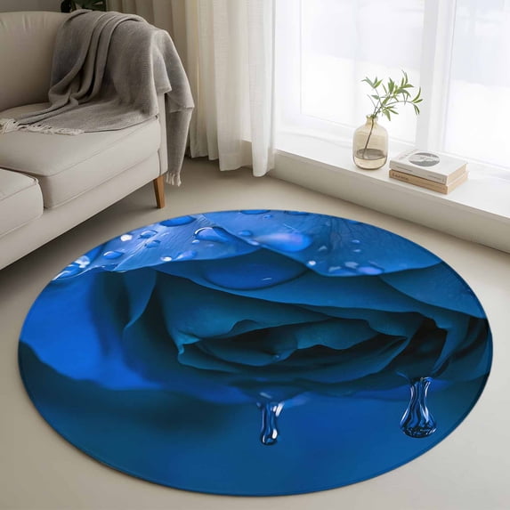 Round Rugs 3Ft, Blue Rose Round Area Rug Washable Indoor Throw Carpet, Elegance Fantasy Flowers Romantic Small Non Slip Circle Rug for Bedroom Living Room Home Decor Aesthetic