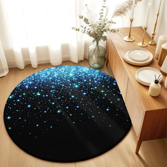 Round Rugs 3Ft, Blue Sparkles Round Area Rug Washable Indoor Throw Carpet, Black Gradient Glitter Modern Simple Small Non Slip Circle Rug for Bedroom Living Room Home Decor