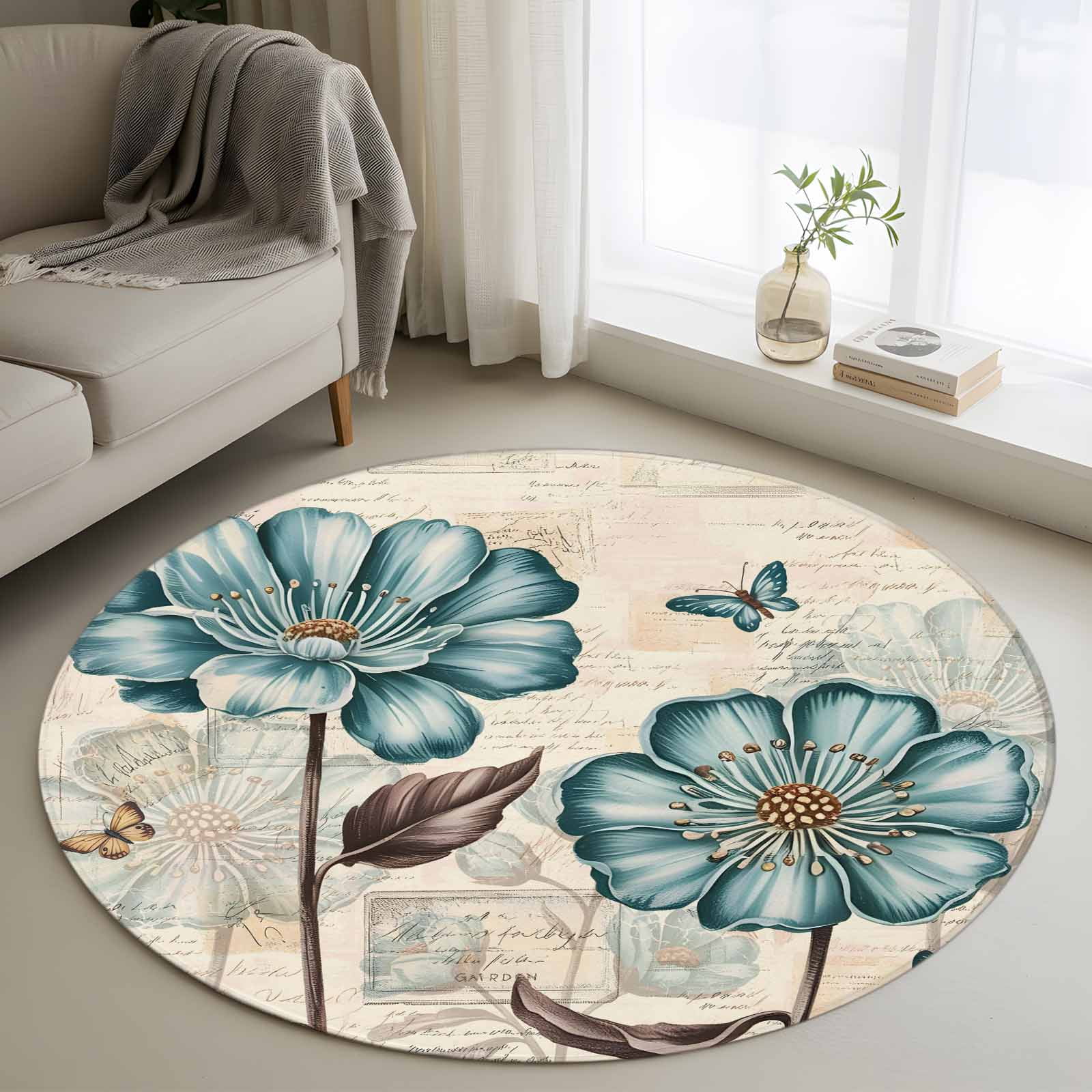 Round Rugs 3Ft, Blue Tulip Round Area Rug Washable Indoor Throw