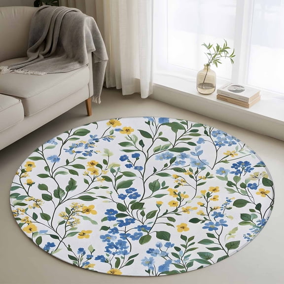 Round Rugs 3Ft, Blue Yellow Floral Spring Round Area Rug Washable Indoor Throw Carpet, Green Pastoral Summer Botanical Small Non Slip Circle Rug for Bedroom Living Room Home Decor Aesthetic