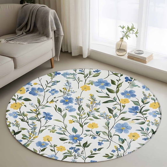 Round Rugs 3Ft, Blue Yellow Floral Spring Round Area Rug Washable Indoor Throw Carpet, Summer Botanical Pastoral Green Small Non Slip Circle Rug for Bedroom Living Room Home Decor Aesthetic
