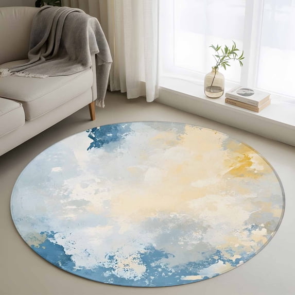 Round Rugs 3Ft, Blue Yellow Round Area Rug Washable Indoor Throw Carpet, Modern Vintage Oil Painting Abstract Small Non Slip Circle Rug for Bedroom Living Room Home Decor Aesthetic
