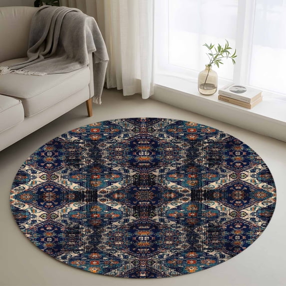 Round Rugs 3Ft, Boho Black Blue Round Area Rug Washable Indoor Throw Carpet, Modern Abstract Geometric Retro Small Non Slip Circle Rug for Bedroom Living Room Home Decor Aesthetic