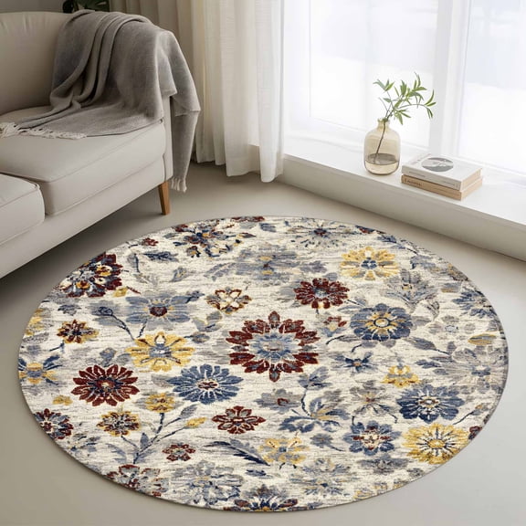 Round Rugs 3Ft, Boho Ethnic Round Area Rug Washable Indoor Throw Carpet, Retro Floral Geometric Southwestern Small Non Slip Circle Rug for Bedroom Living Room Home Decor Aesthetic