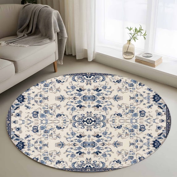 Round Rugs 3Ft, Boho Ethnic Round Area Rug Washable Indoor Throw Carpet, Vintage Shabby Southwest Floral Motifs Small Non Slip Circle Rug for Bedroom Living Room Home Decor Aesthetic