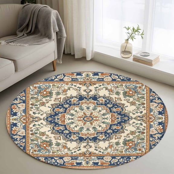 Round Rugs 3Ft, Boho Southwestern Round Area Rug Washable Indoor Throw Carpet, Heritage Antique Country Blue Small Non Slip Circle Rug for Bedroom Living Room Home Decor Aesthetic